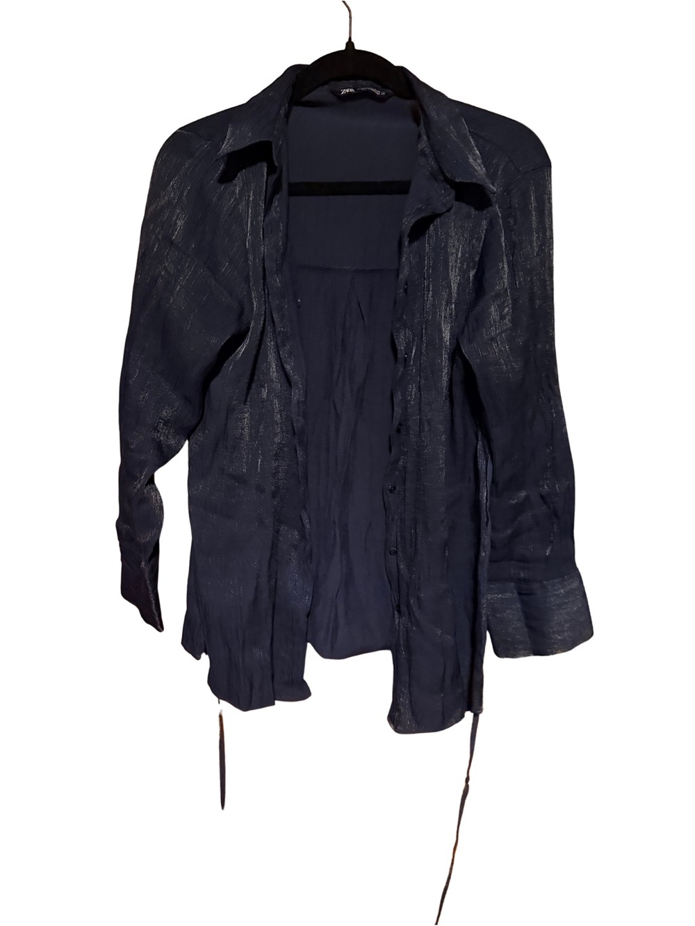 Zara shimmer tie button up blouse in navy blue